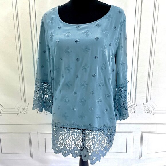 Dusty Blue Embroidered Blouse long Lace edges Alessa W 10 - Picture 1 of 3